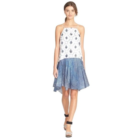 TIBI Akiko Tile Print Cami Dress Size 4 Blue and White Tie Dye A-line - Picture 1 of 9